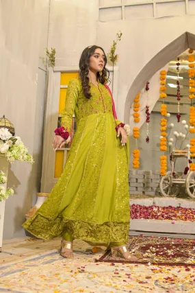 Rubys Couture - Mehndi Embroidered Anarkali with Raw Silk Pants - Hoorain