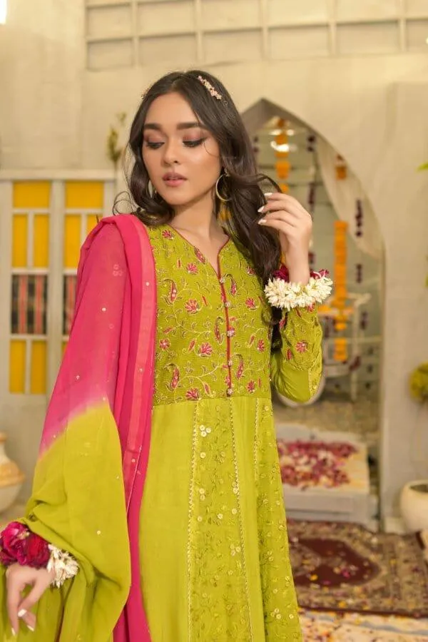 Rubys Couture - Mehndi Embroidered Anarkali with Raw Silk Pants - Hoorain