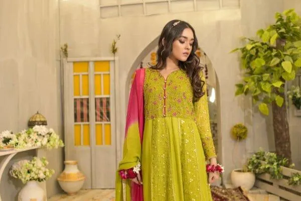 Rubys Couture - Mehndi Embroidered Anarkali with Raw Silk Pants - Hoorain