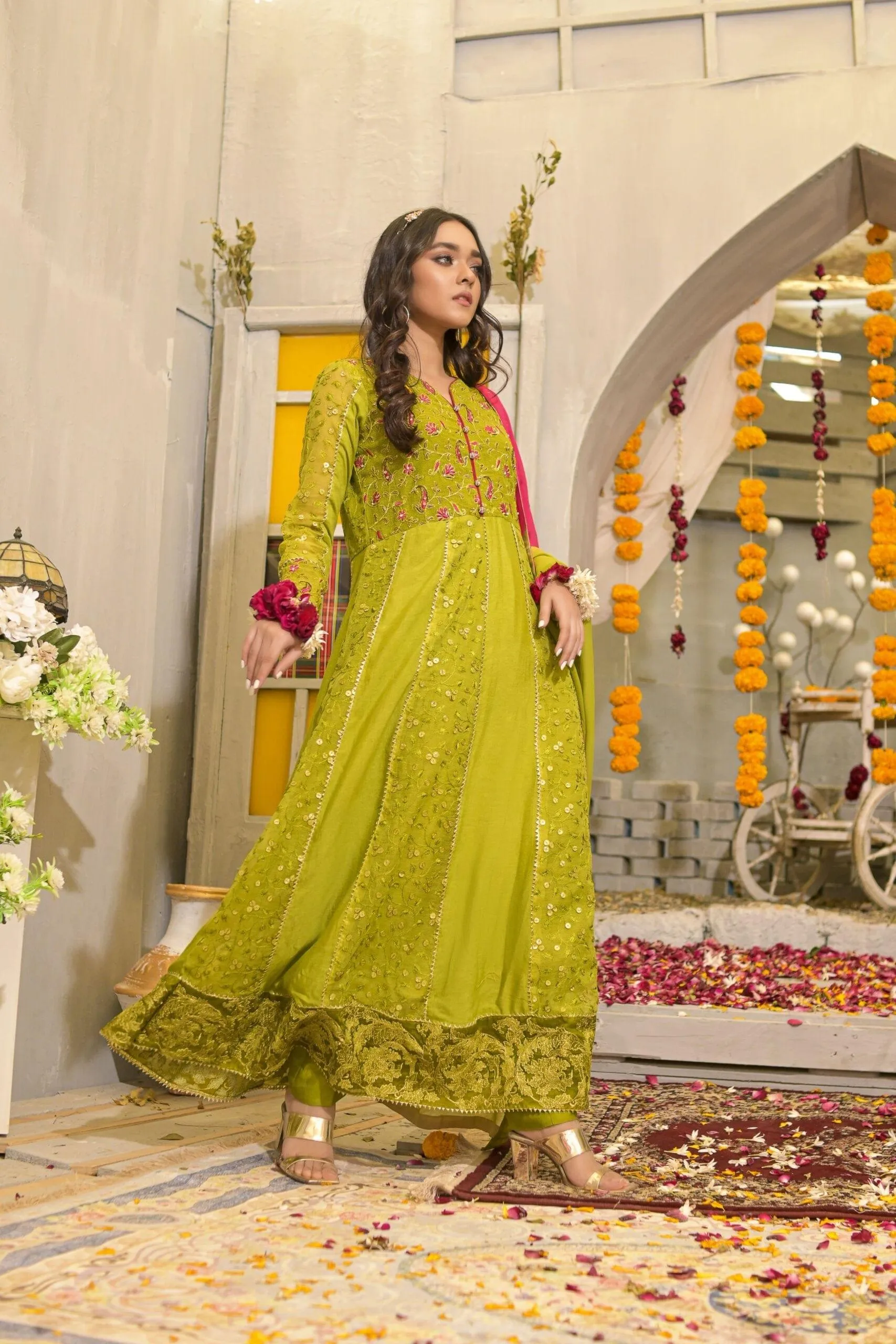 Rubys Couture - Mehndi Embroidered Anarkali with Raw Silk Pants - Hoorain