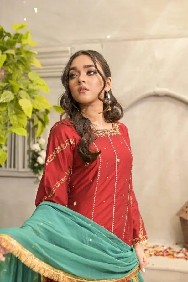 Rubys Couture - Red Silk Embroidered Pishwas with Raw Silk Pants - Maharani