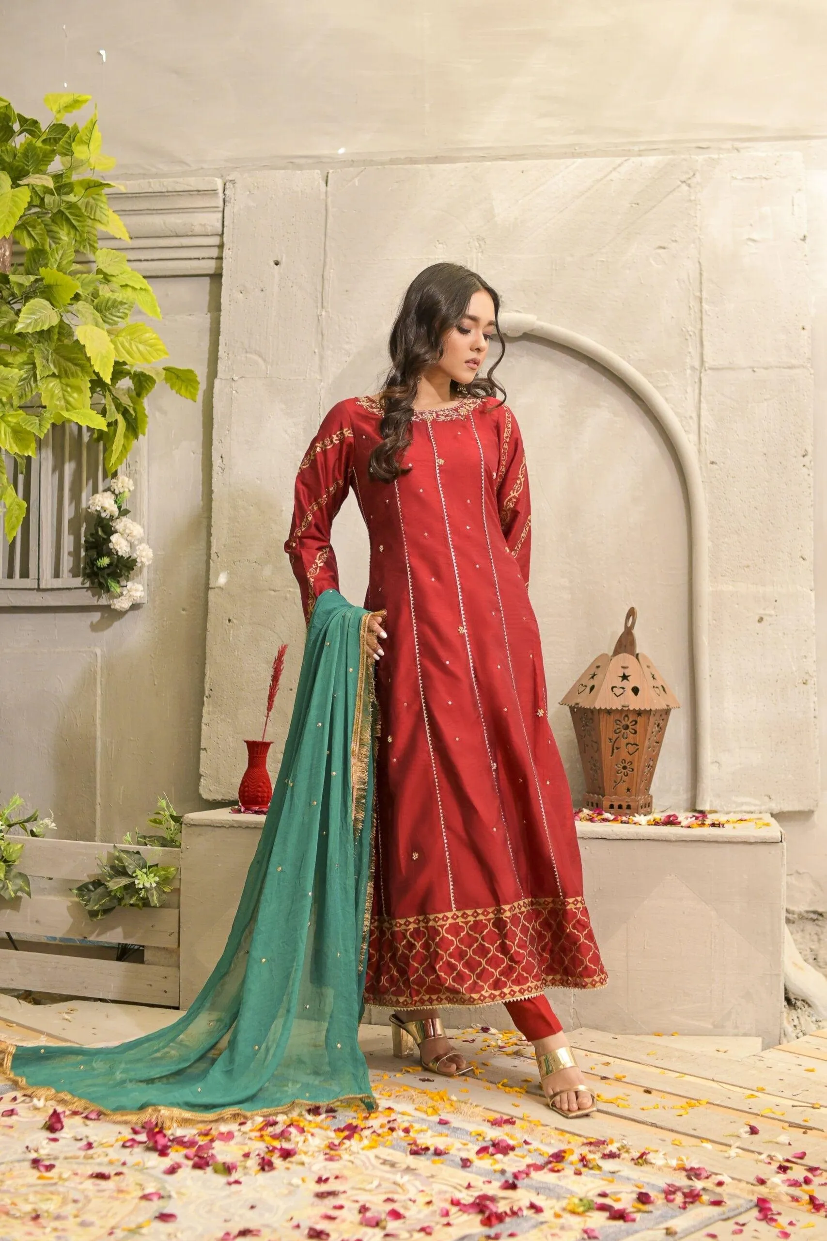 Rubys Couture - Red Silk Embroidered Pishwas with Raw Silk Pants - Maharani