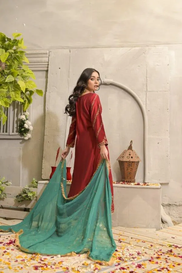 Rubys Couture - Red Silk Embroidered Pishwas with Raw Silk Pants - Maharani