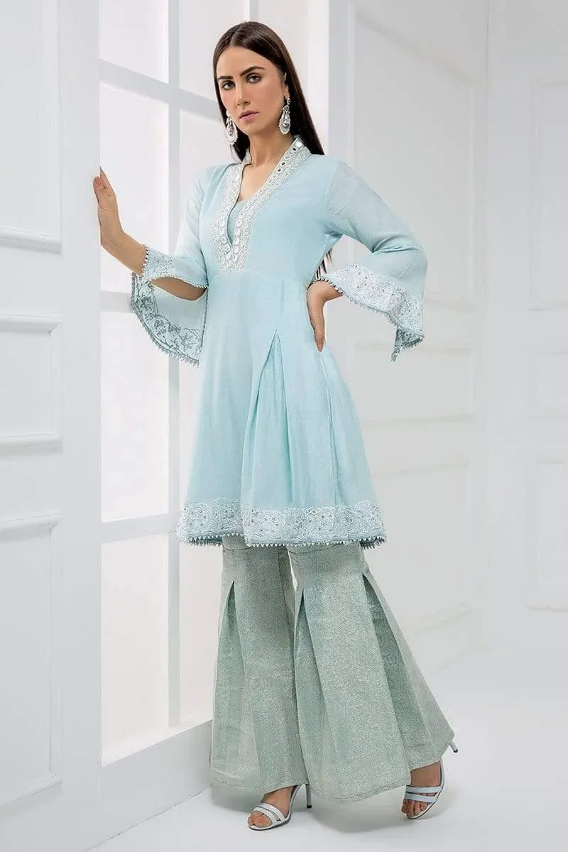 Sadia Aamir - Light Blue Ice Flow - SA-LP06 - Cotton - Jamavar Gharara - 1 Piece