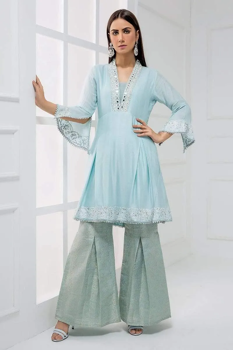 Sadia Aamir - Light Blue Ice Flow - SA-LP06 - Cotton - Jamavar Gharara - 1 Piece