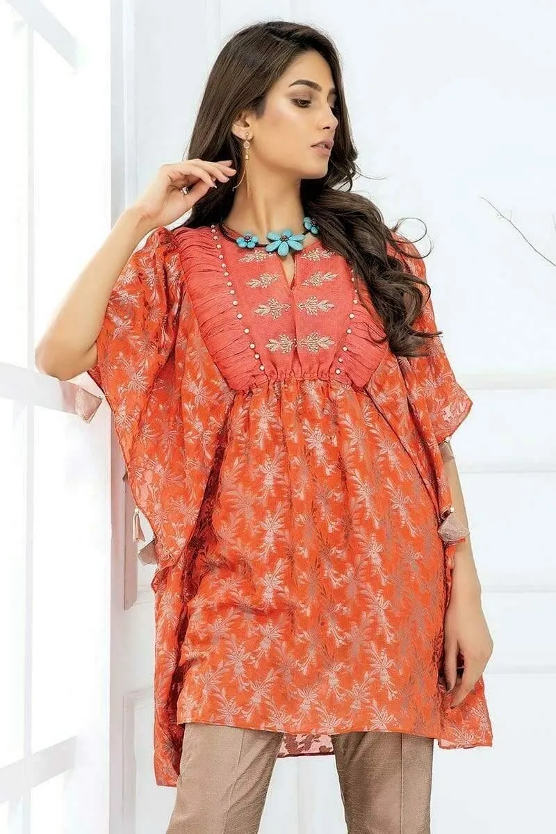 Sadia Aamir - Orange Coral Butterfly - SA-LP20 - Cotton Shirt - 1 Piece
