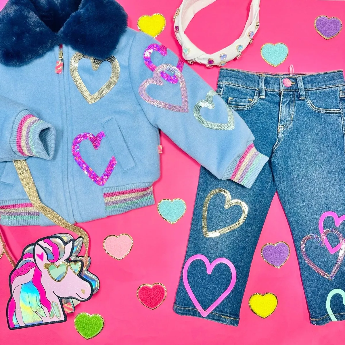 SEQUIN HEARTS FAUX FUR COLLAR JACKET