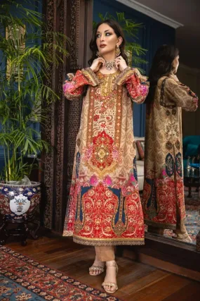 Shamaeel - Aaftaab - Long classic straight shirt print on the silk fabric luxurious design is inspired by the Mughal Era - 2 Piece