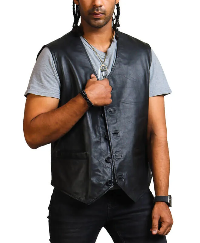 Skull Print Black Leather Vest