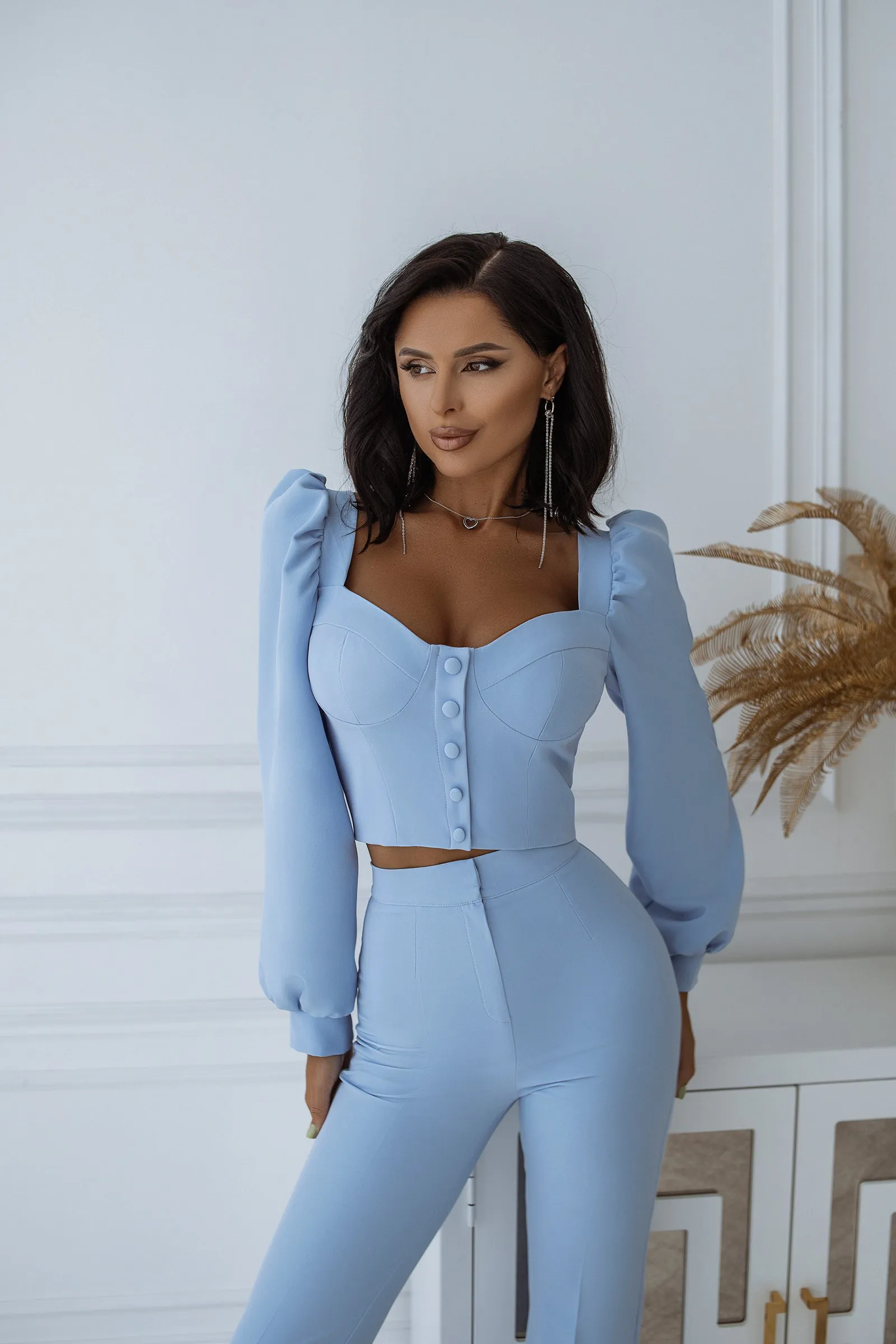 Sky-Blue Sweetheart Top & Flared Pants 2-Piece Set