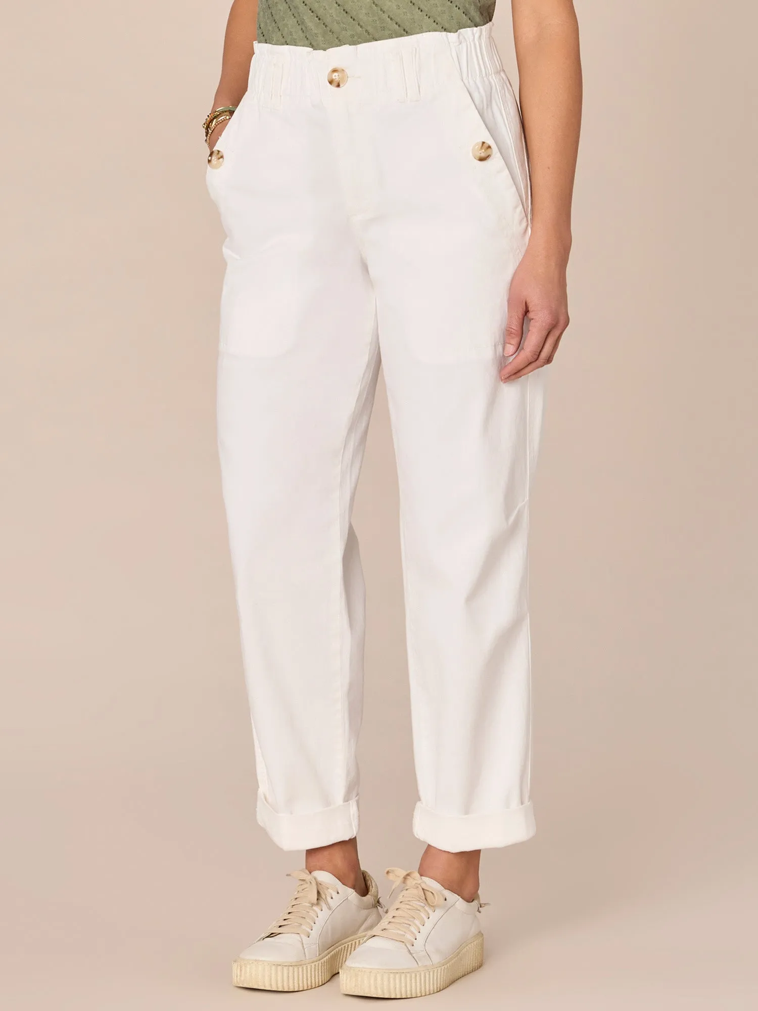 Skyrise Paper Bag Waist Barrel Leg Pant with Roll Cuff