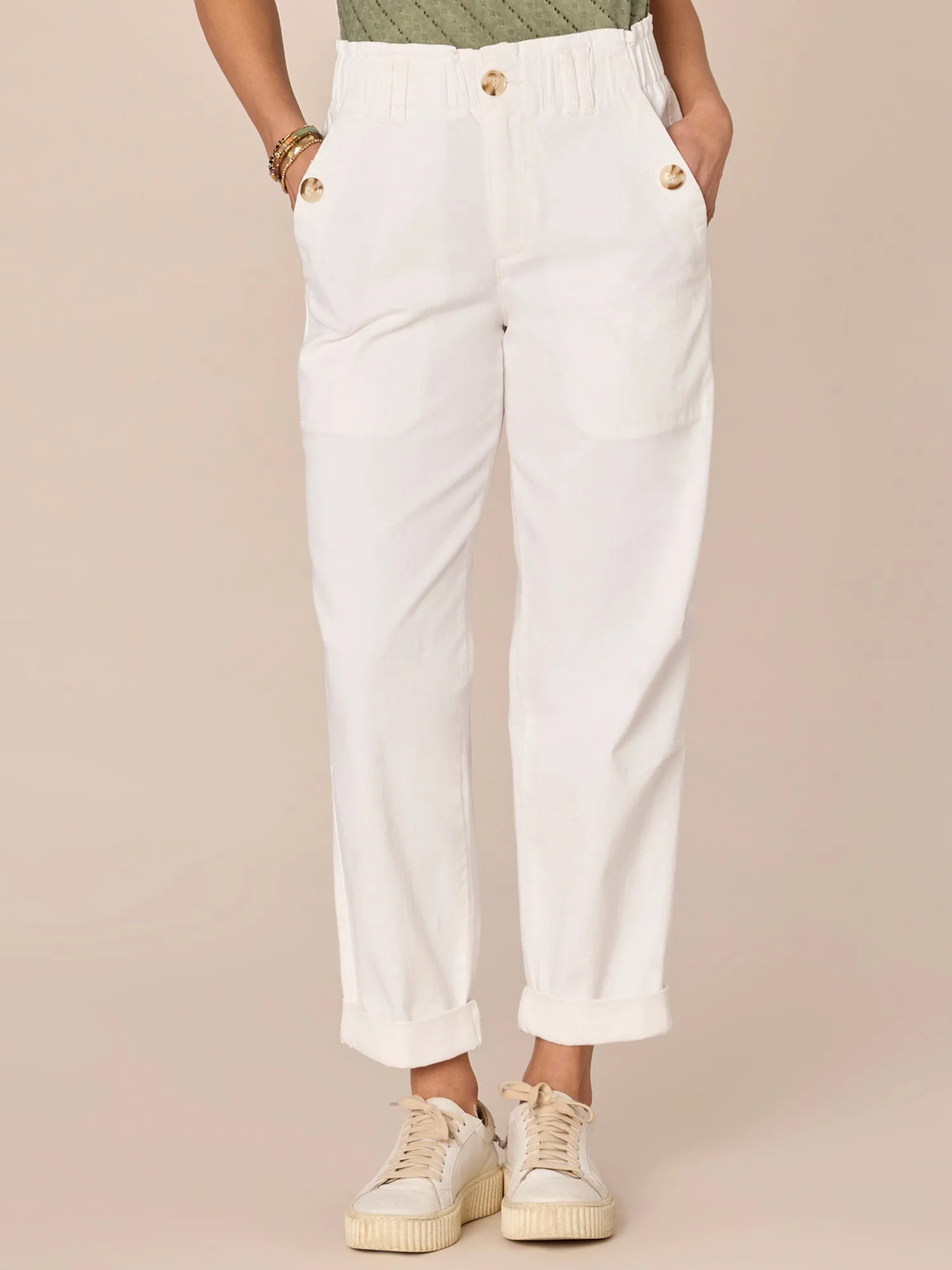 Skyrise Paper Bag Waist Barrel Leg Pant with Roll Cuff