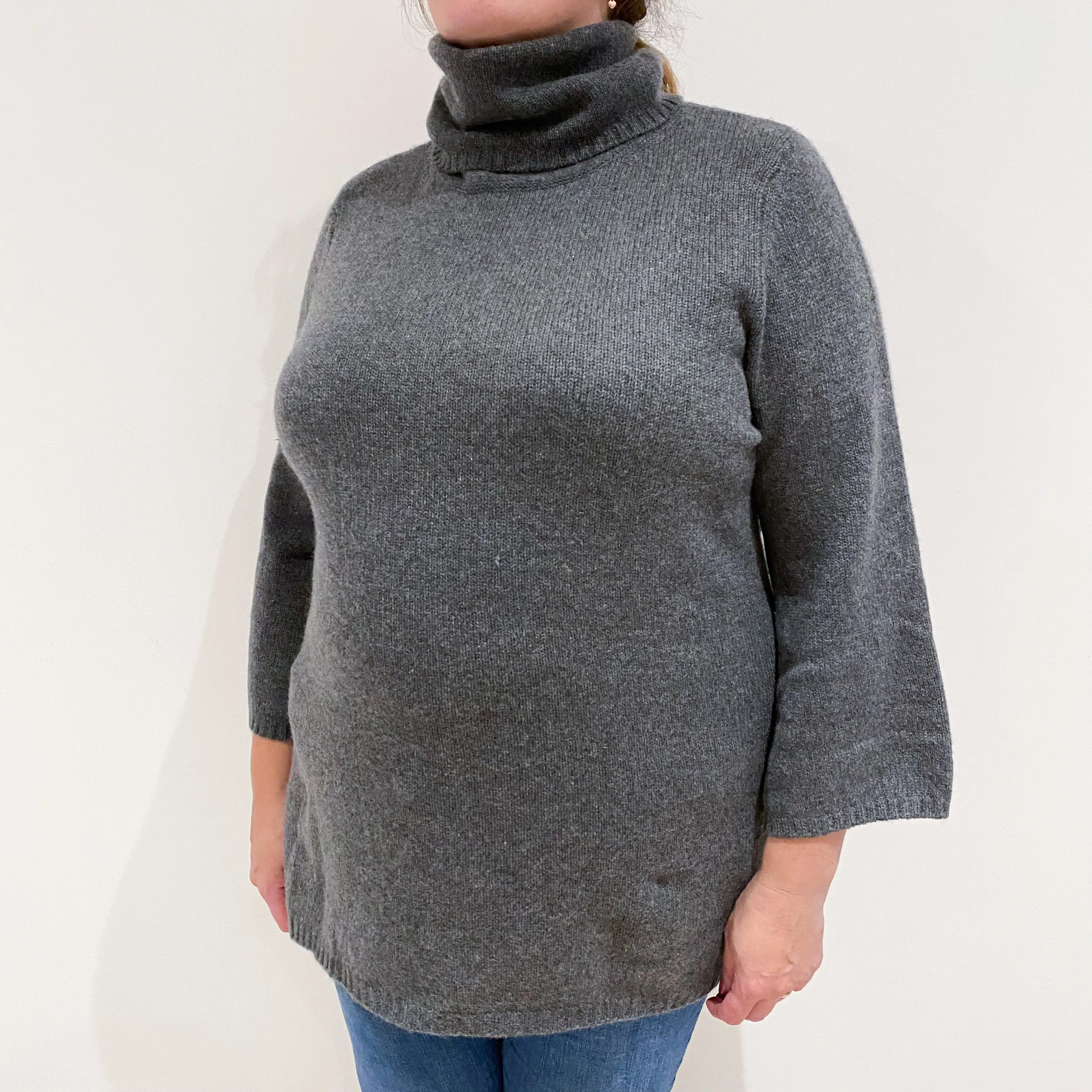 Slate Grey 3/4 Sleeved Cashmere Polo Neck Jumper Extra Large