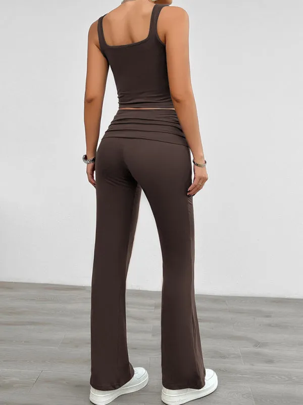 Sporty Women's 2-Piece Solid Cami Top & Wide Waistband Pants