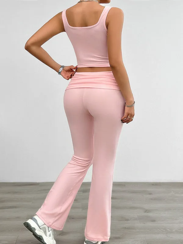 Sporty Women's 2-Piece Solid Cami Top & Wide Waistband Pants