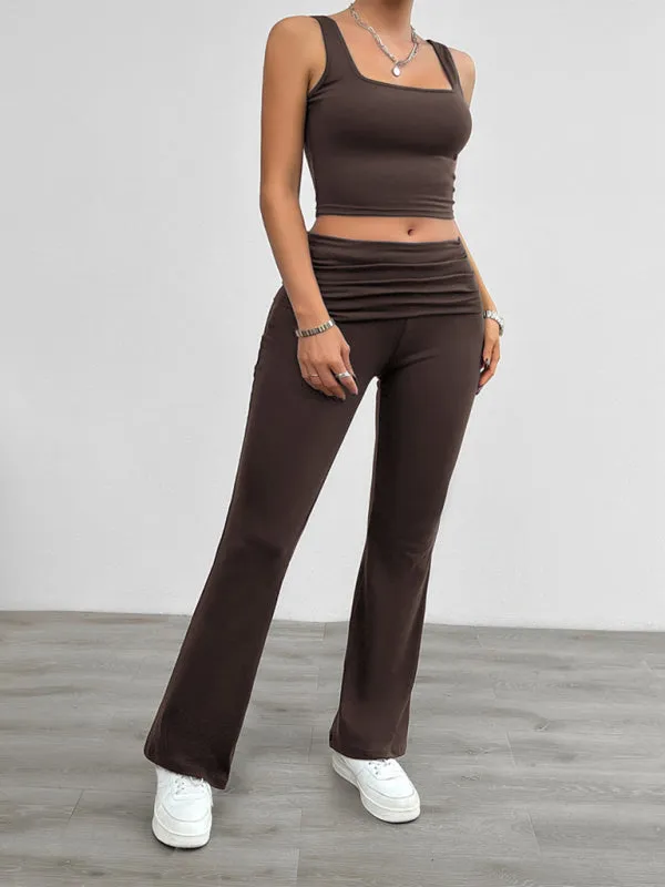 Sporty Women's 2-Piece Solid Cami Top & Wide Waistband Pants