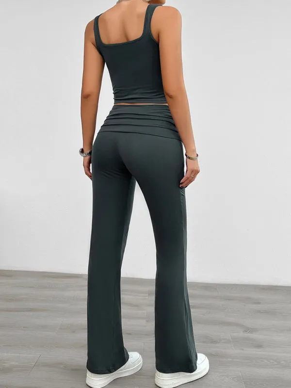 Sporty Women's 2-Piece Solid Cami Top & Wide Waistband Pants
