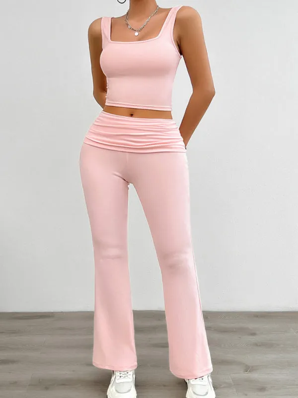 Sporty Women's 2-Piece Solid Cami Top & Wide Waistband Pants