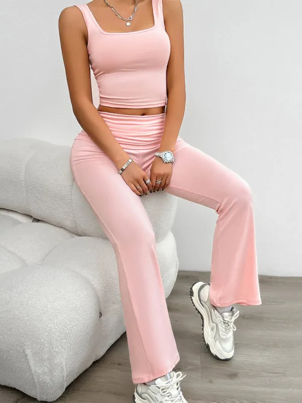Sporty Women's 2-Piece Solid Cami Top & Wide Waistband Pants