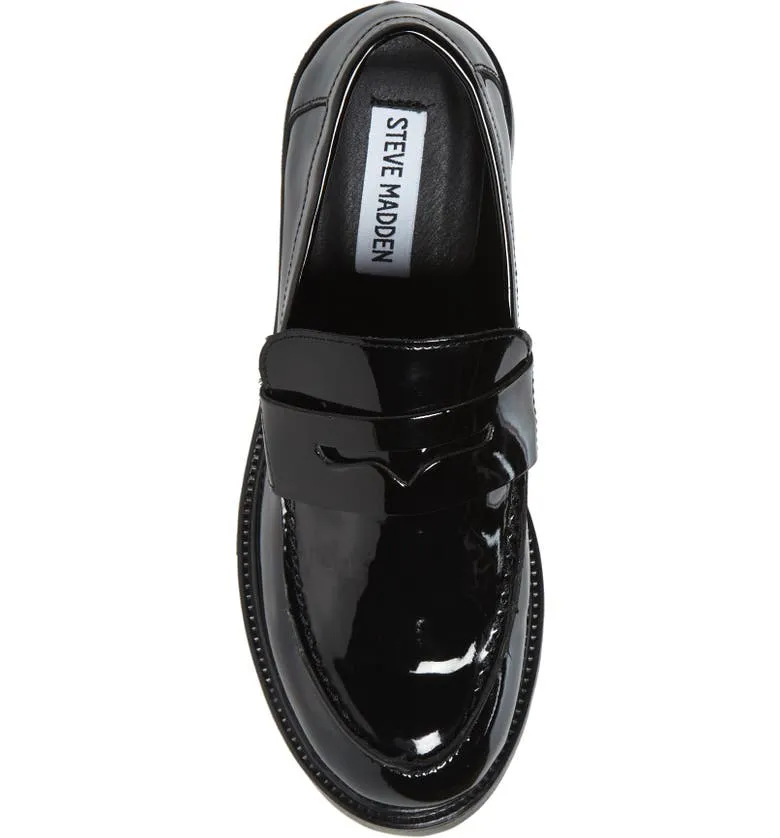 Steve Madden Lotto Black Leather Retro Lug Sole Low Chunky Heel Penny Loafer (8.5, BLACK)