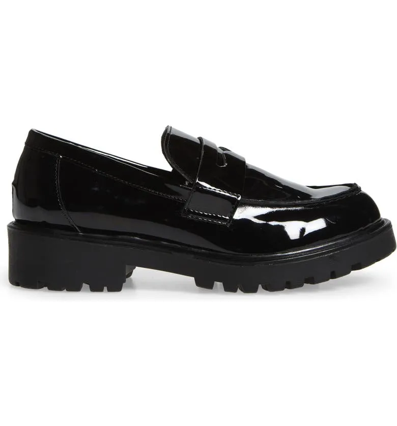 Steve Madden Lotto Black Leather Retro Lug Sole Low Chunky Heel Penny Loafer (8.5, BLACK)