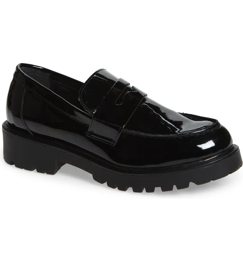 Steve Madden Lotto Black Leather Retro Lug Sole Low Chunky Heel Penny Loafer (8.5, BLACK)