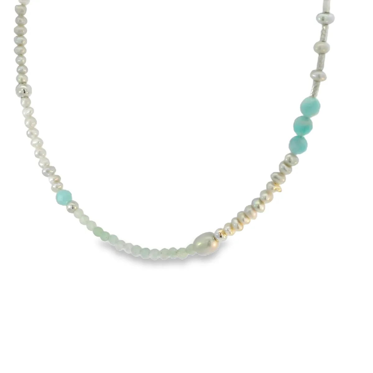 Teal, Grey, Pearl and Silver Beaded Necklace