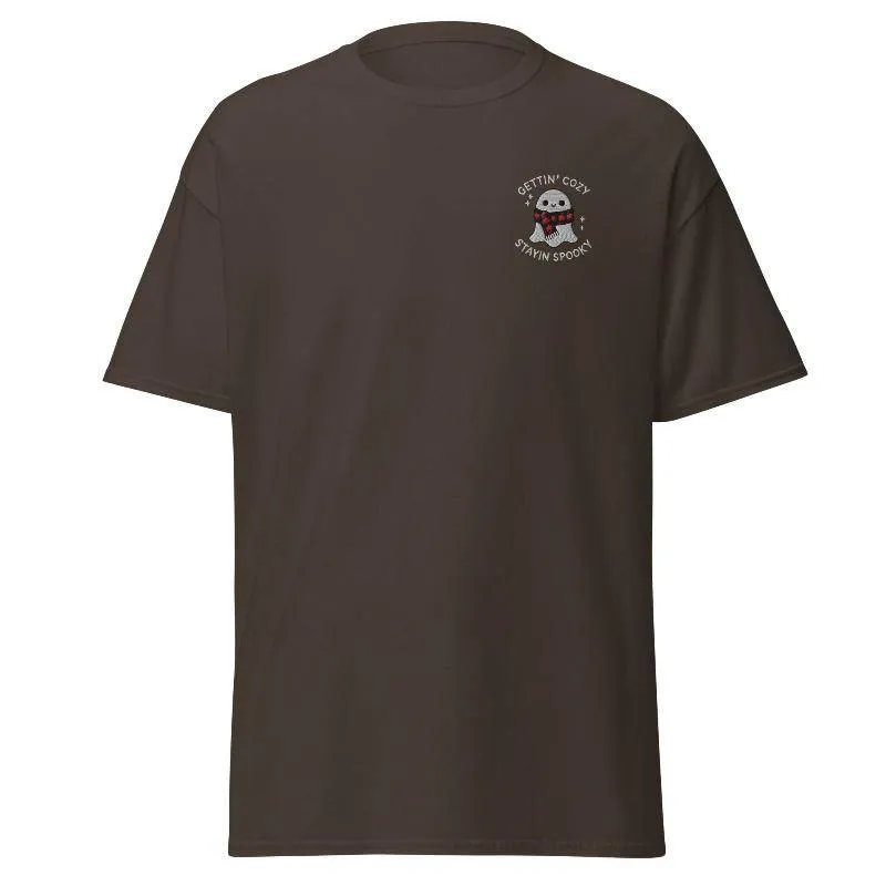 Unisex Fall Embroidered T-Shirt –"Gettin' Cozy, Stayin' Spooky"
