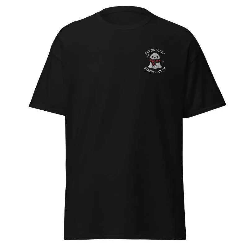 Unisex Fall Embroidered T-Shirt –"Gettin' Cozy, Stayin' Spooky"