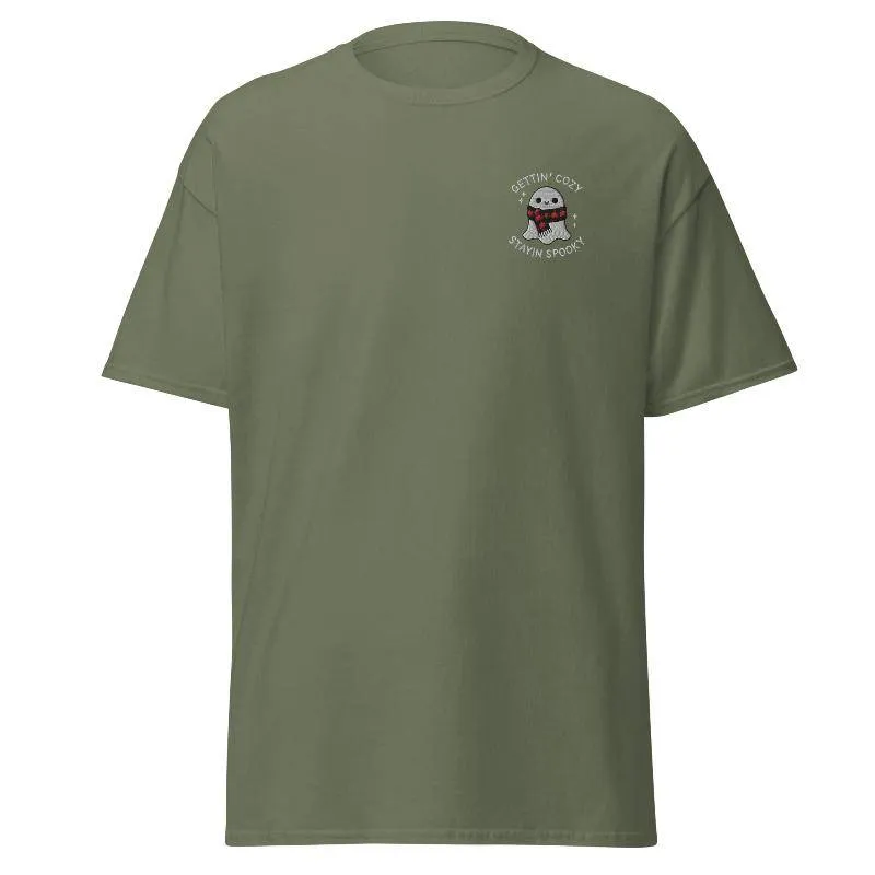 Unisex Fall Embroidered T-Shirt –"Gettin' Cozy, Stayin' Spooky"