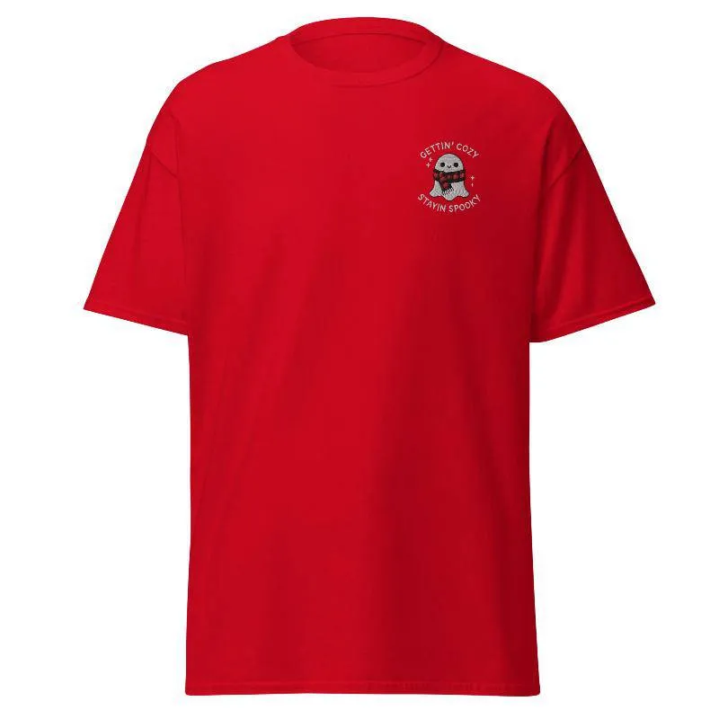 Unisex Fall Embroidered T-Shirt –"Gettin' Cozy, Stayin' Spooky"