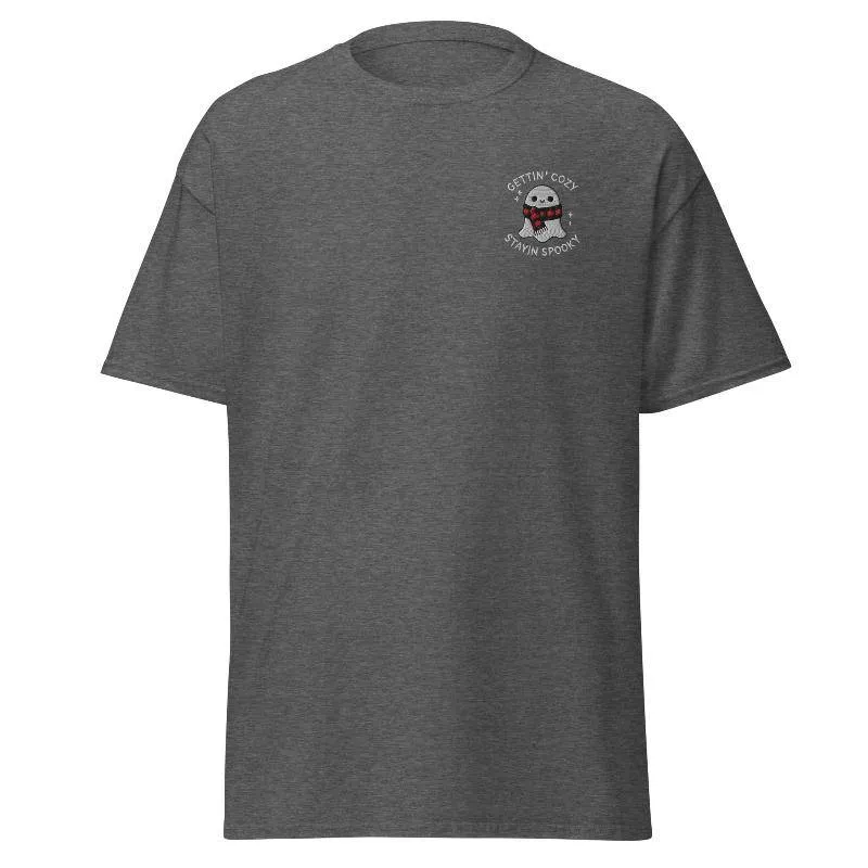 Unisex Fall Embroidered T-Shirt –"Gettin' Cozy, Stayin' Spooky"