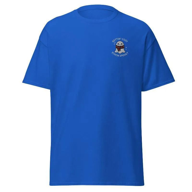 Unisex Fall Embroidered T-Shirt –"Gettin' Cozy, Stayin' Spooky"