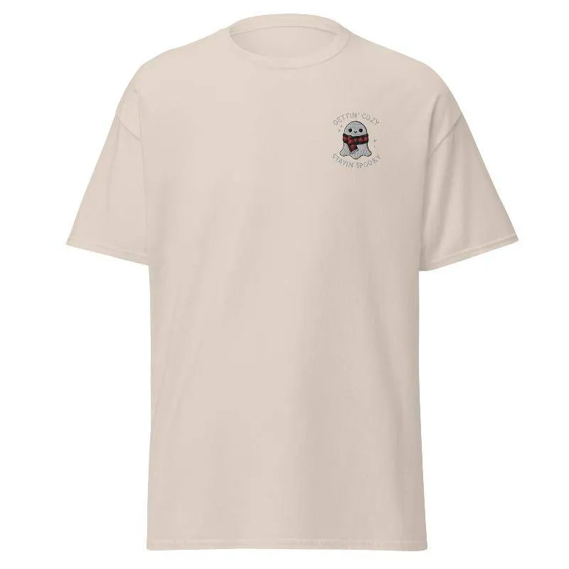 Unisex Fall Embroidered T-Shirt –"Gettin' Cozy, Stayin' Spooky"