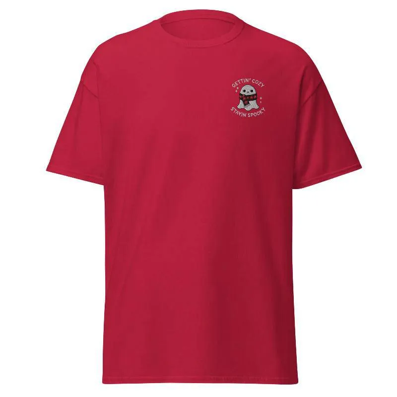 Unisex Fall Embroidered T-Shirt –"Gettin' Cozy, Stayin' Spooky"