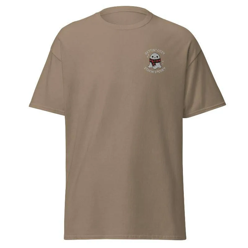 Unisex Fall Embroidered T-Shirt –"Gettin' Cozy, Stayin' Spooky"
