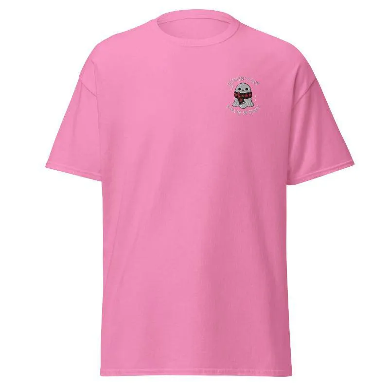 Unisex Fall Embroidered T-Shirt –"Gettin' Cozy, Stayin' Spooky"