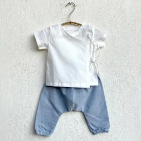UNISEX ORGANIC ESSENTIAL WHITE ANGRAKHA TOP   BLUE CHAMBRAY PANTS