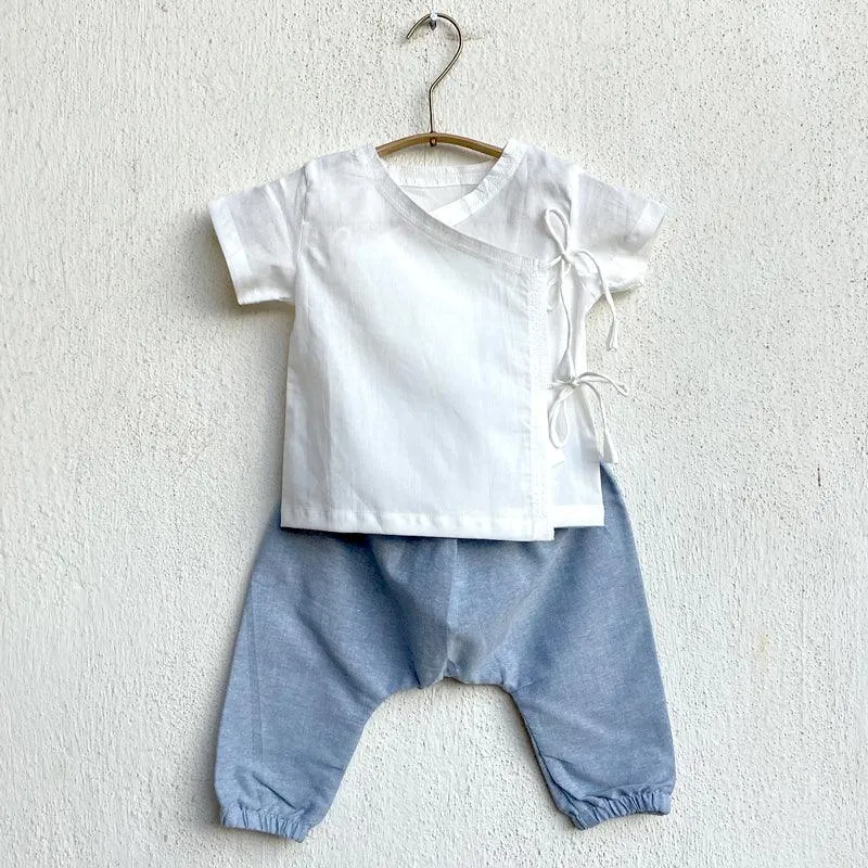 UNISEX ORGANIC ESSENTIAL WHITE ANGRAKHA TOP   BLUE CHAMBRAY PANTS