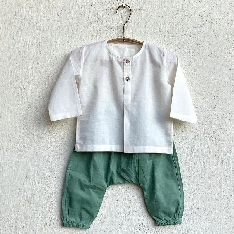 UNISEX ORGANIC ESSENTIAL WHITE KURTA   MINT PANTS