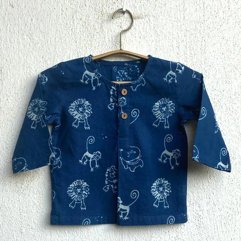 UNISEX ORGANIC ZOO PRINT INDIGO KURTA   PANTS