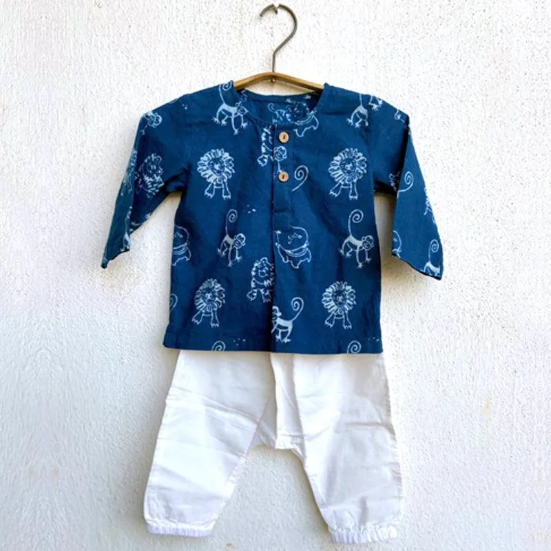 UNISEX ORGANIC ZOO PRINT INDIGO KURTA   PANTS