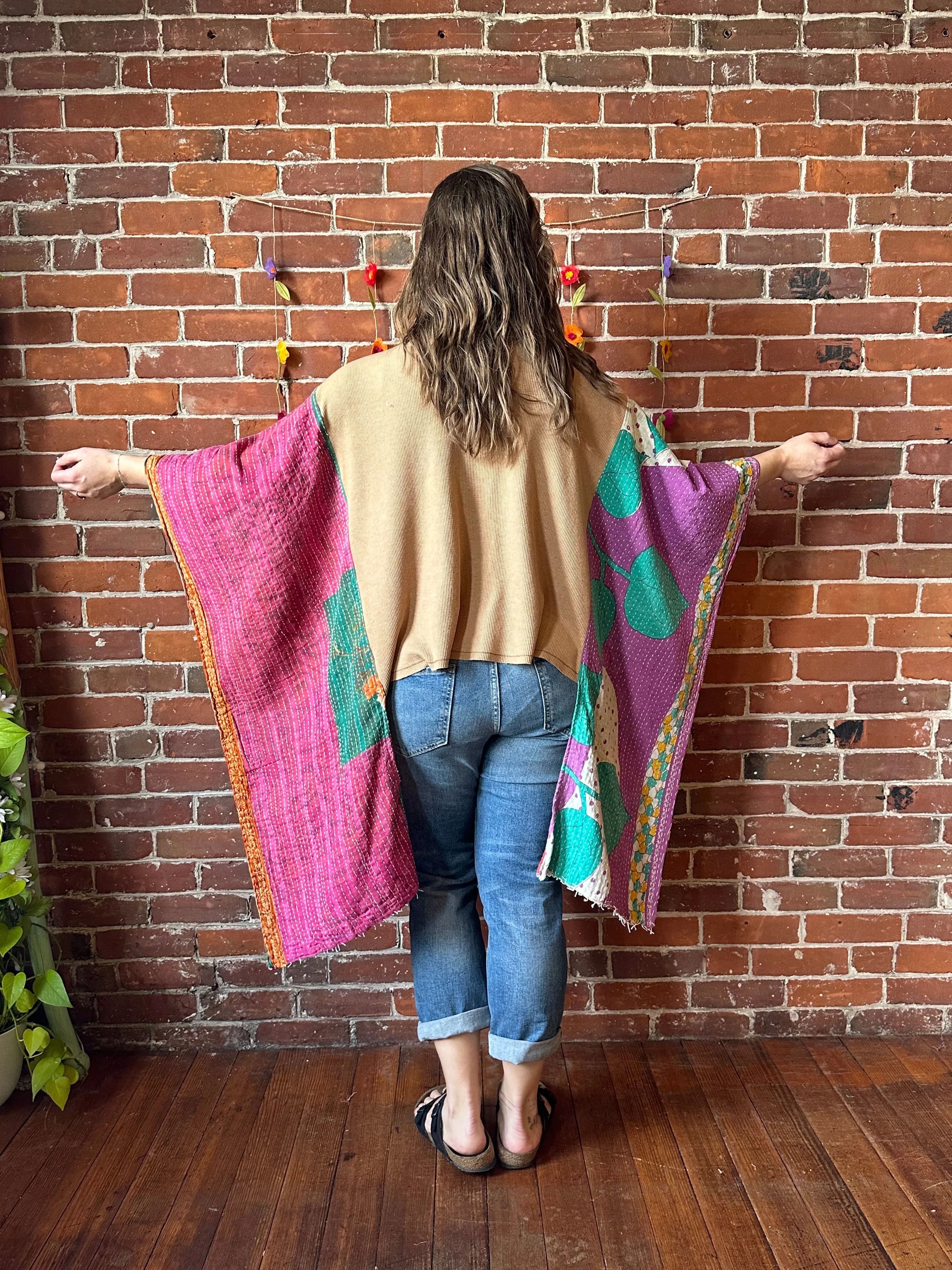 Upcycled Waffle Knit Kantha Poncho Hi Lo Top
