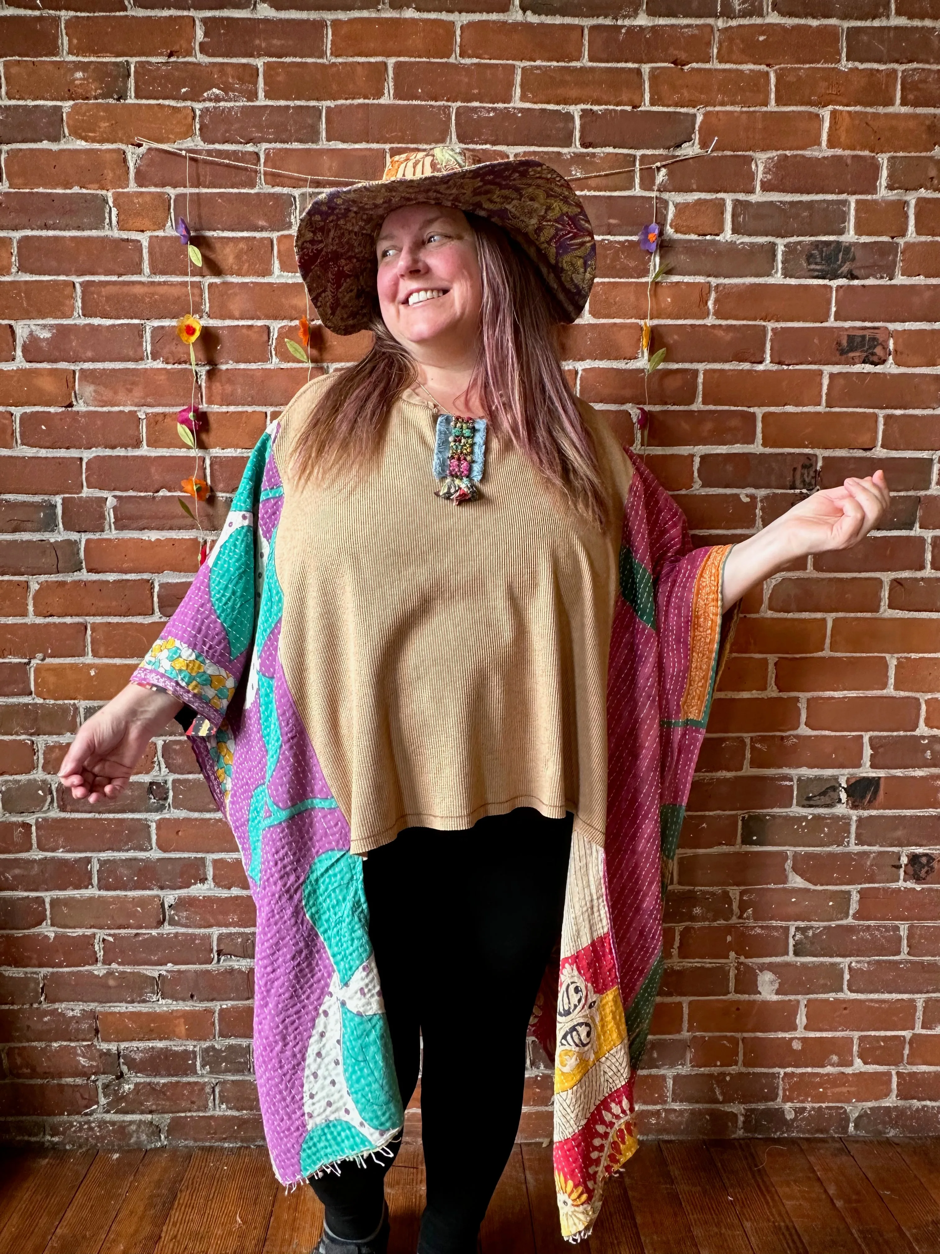 Upcycled Waffle Knit Kantha Poncho Hi Lo Top