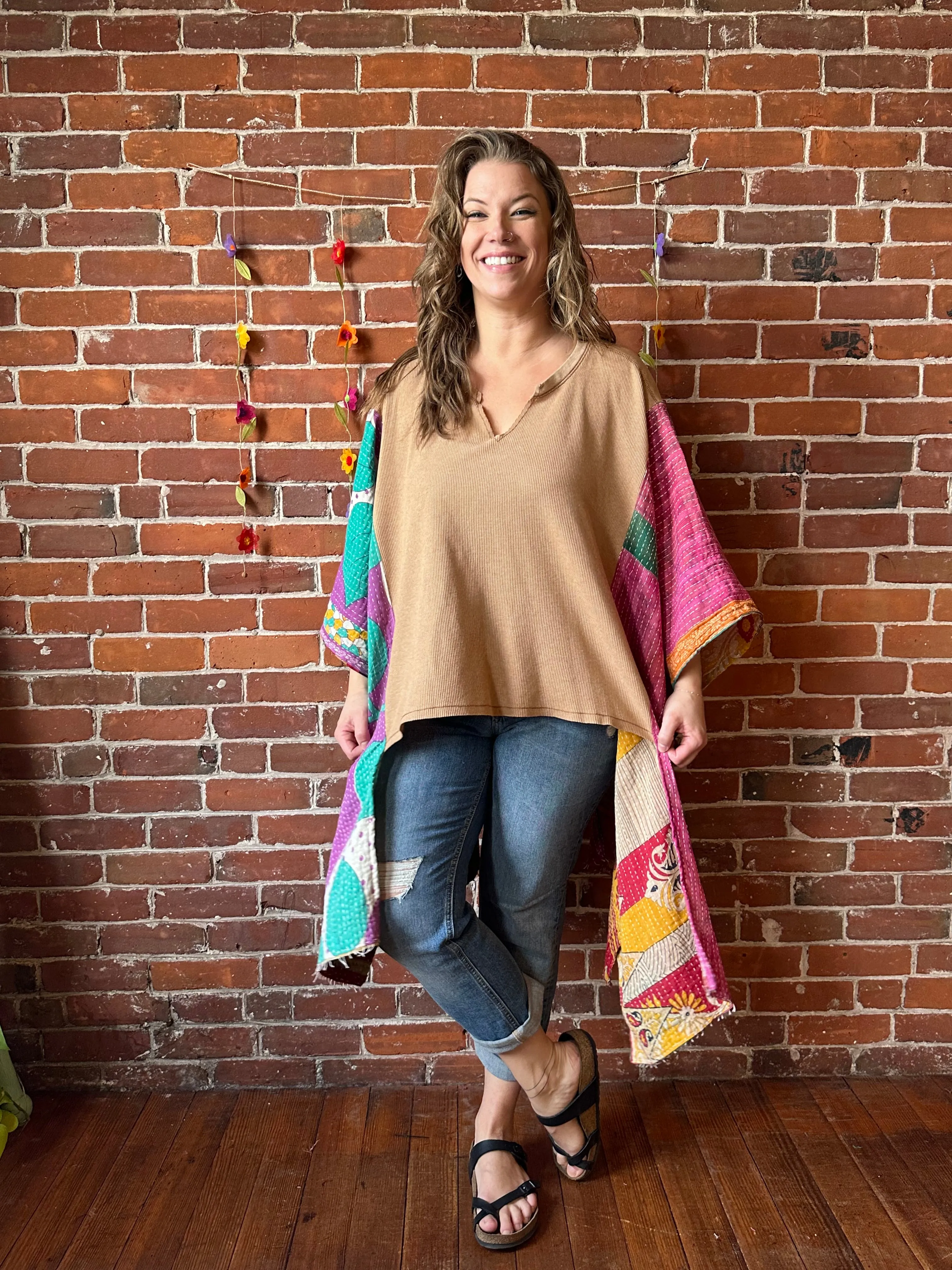 Upcycled Waffle Knit Kantha Poncho Hi Lo Top