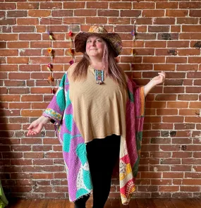 Upcycled Waffle Knit Kantha Poncho Hi Lo Top