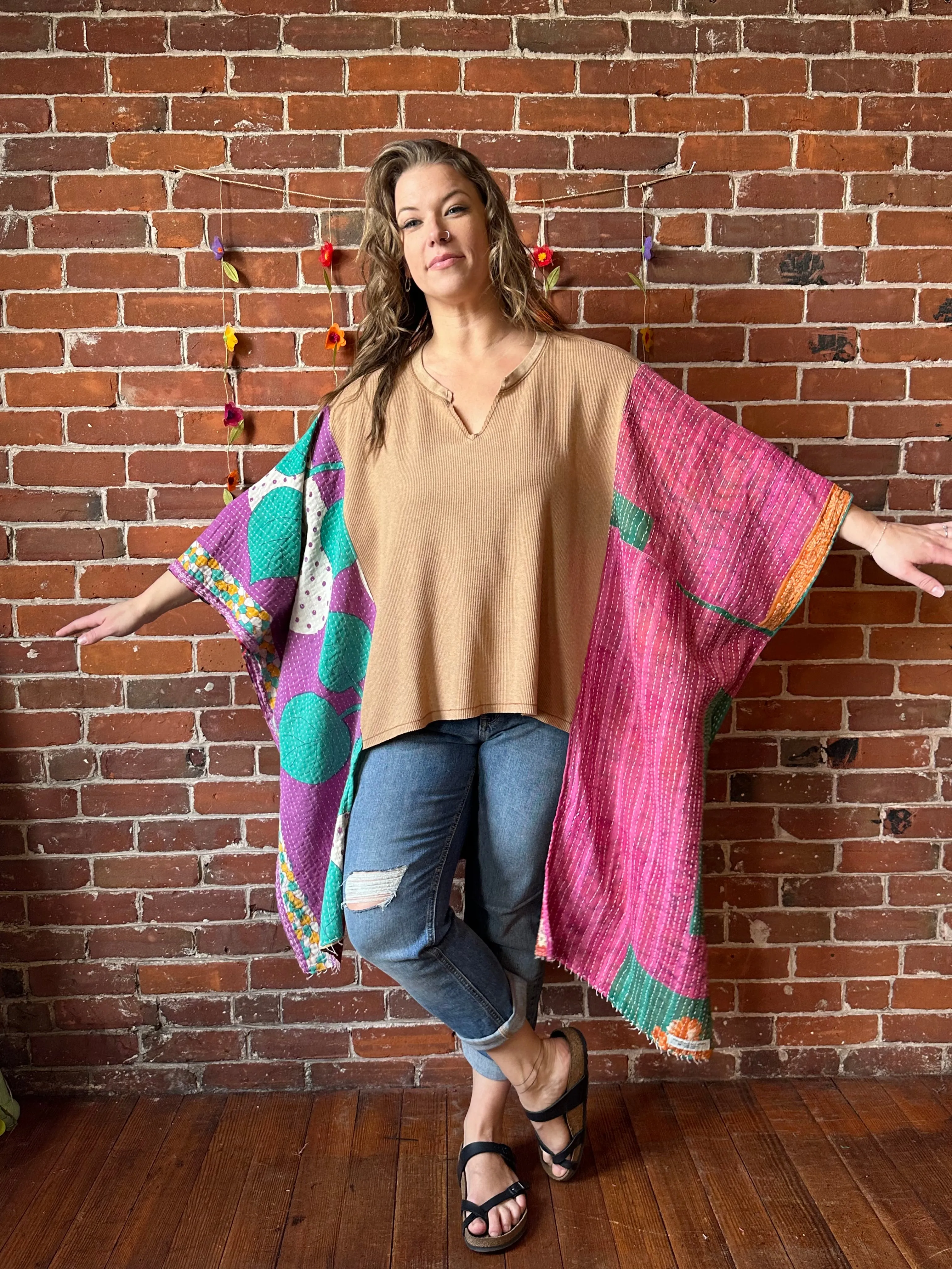 Upcycled Waffle Knit Kantha Poncho Hi Lo Top