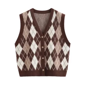 Vintage Diamond Check Cardigan Knitted Vest