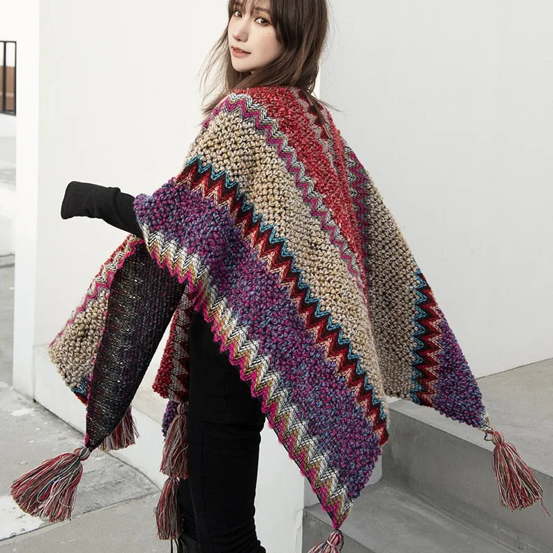 Vintage Women Knitted Women Shawl Poncho Outwear