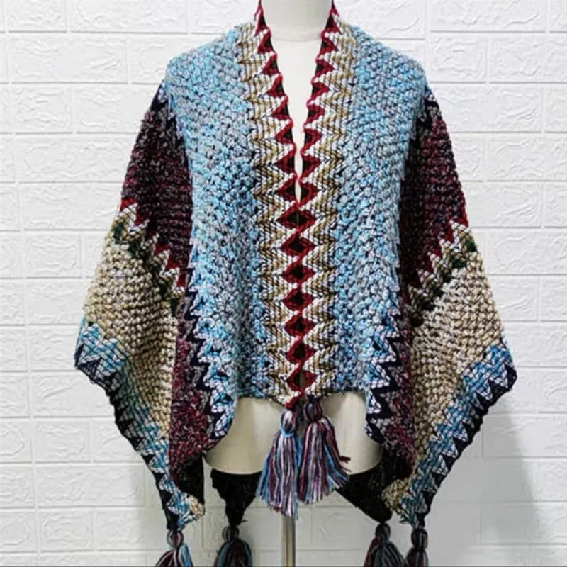 Vintage Women Knitted Women Shawl Poncho Outwear